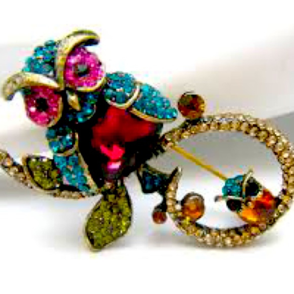 Vintage Owl & Baby Brooch Broach Rhinestone Pink Blue Bling